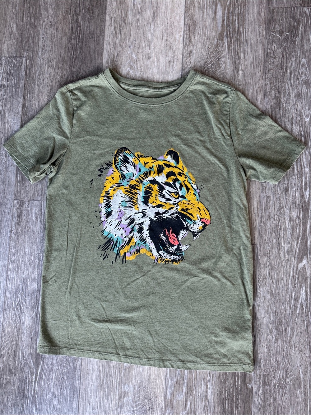 Cat & Jack Olive Green Tee with Multicolor Tiger Head